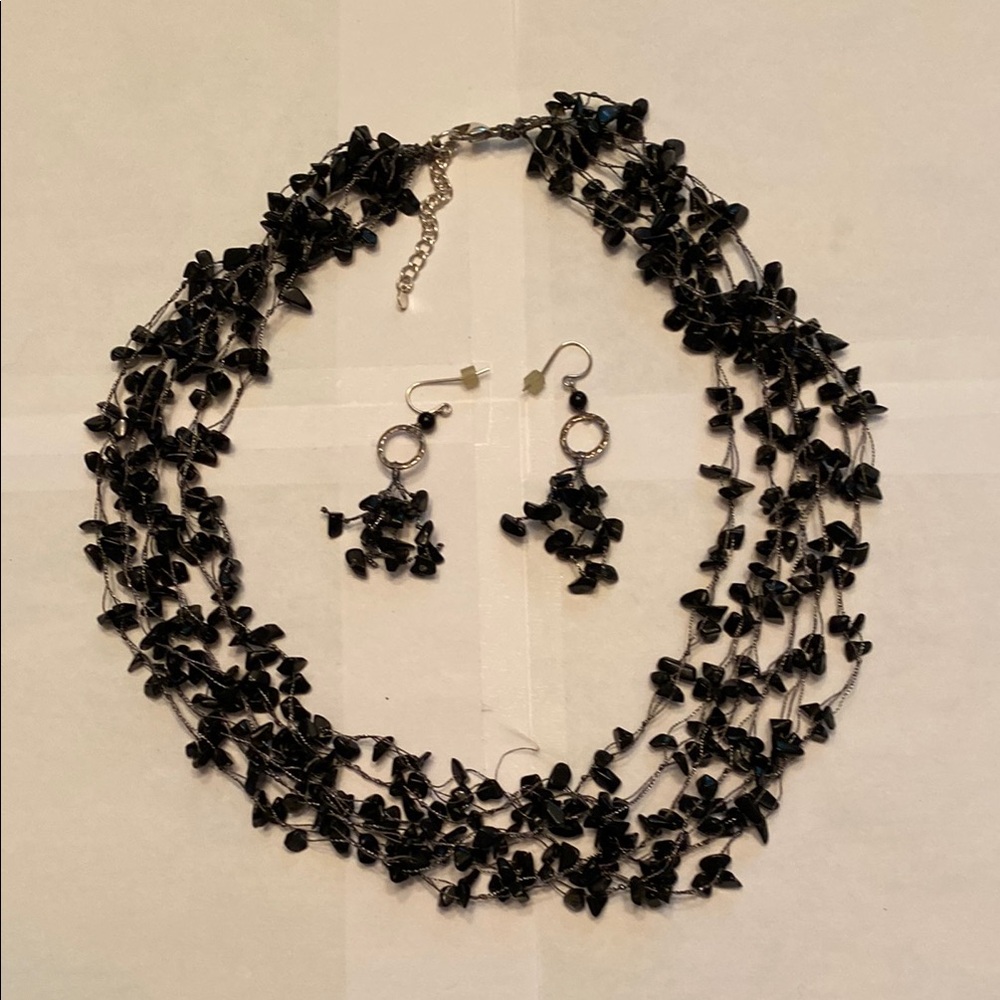 Elegant Black Beaded Necklace and Earring Set